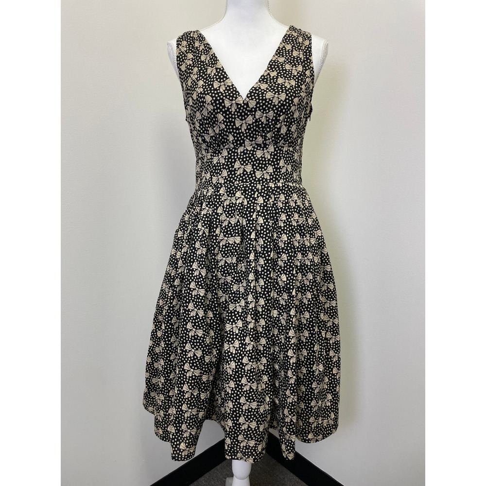 Aryeh Black Tan Polka Dot Bow Print Fit Flare Dress M Cotton V-Neck Coquette